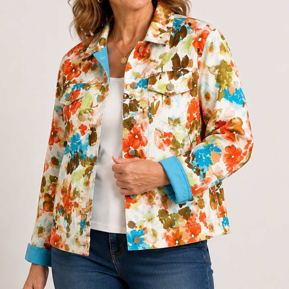 Coldwater Creek Jacket Medium Fall Autumn Orange Brown Canvas Light Thanksgiving